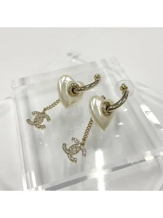 Chanel Earrings Hoop CC Logo Pearl Line Stone Gold - Picture 1 of 9